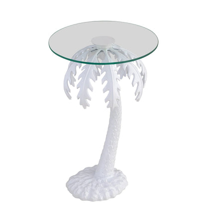 Hedda 24.75 Mid-Century Vintage Glass Top Metal Palm Tree End Table, White, by JONATHAN Y