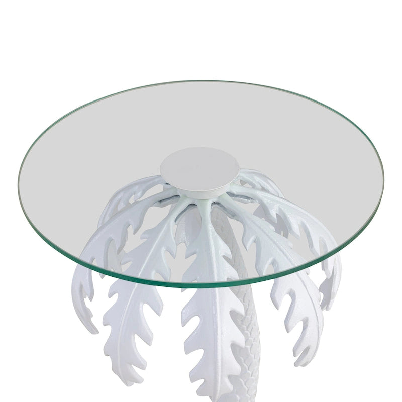 Hedda 24.75 Mid-Century Vintage Glass Top Metal Palm Tree End Table, White, by JONATHAN Y