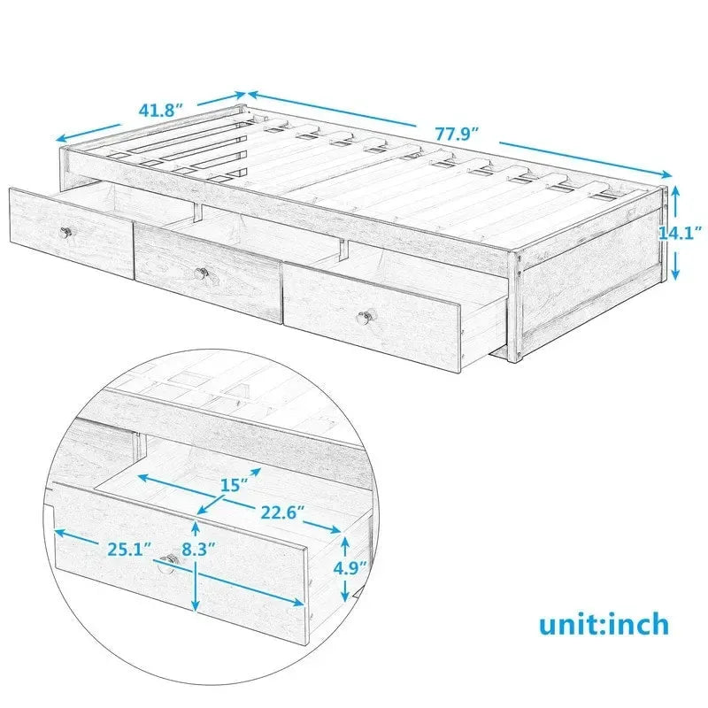 Twin Size Wooden Platform Bed with 3 Drawers