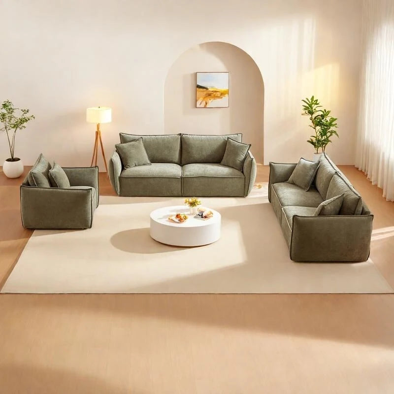 3-pieces Linen Modular Sofa Set with 3+3+1 Seater Combo and Wooden Frame &amp; 5 Pillows