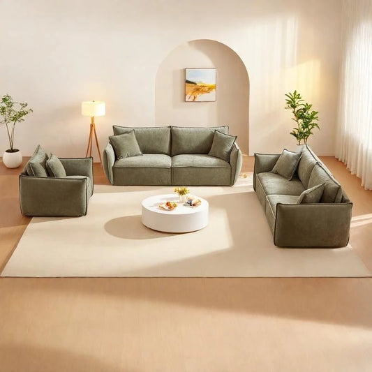 3-pieces Linen Modular Sofa Set with 3+3+1 Seater Combo and Wooden Frame & 5 Pillows