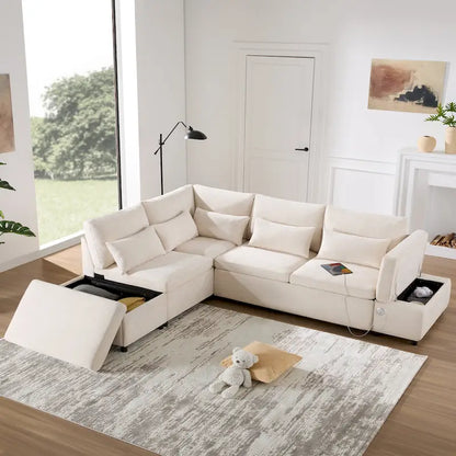 107 Oversized Chenille Modular Sectional Pull-out Sofa, Free Movement Storage Ottoman