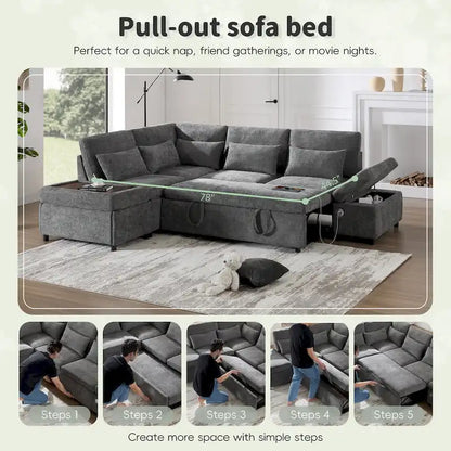 107 Oversized Chenille Modular Sectional Pull-out Sofa, Free Movement Storage Ottoman