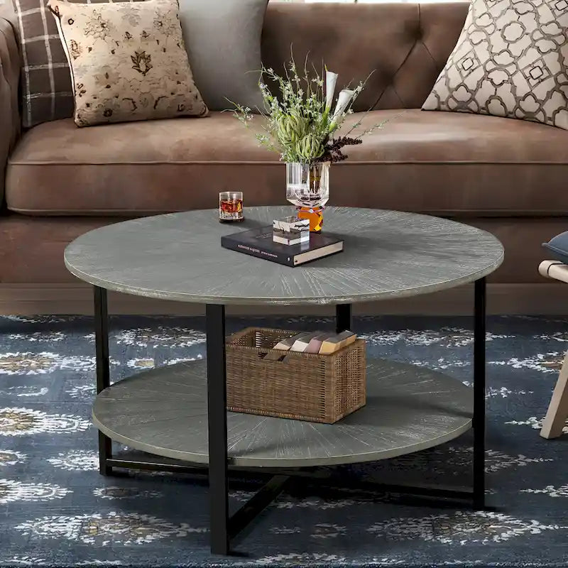 31.5 Farmhouse Round Coffee Table with 2-Tier Storage &amp; Metal Leg