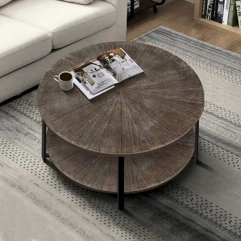 31.5 Farmhouse Round Coffee Table with 2-Tier Storage &amp; Metal Leg