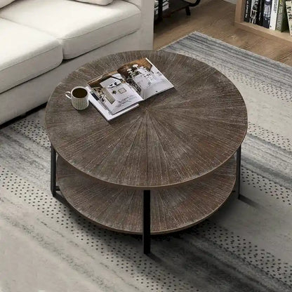 31.5 Farmhouse Round Coffee Table with 2-Tier Storage &amp; Metal Leg