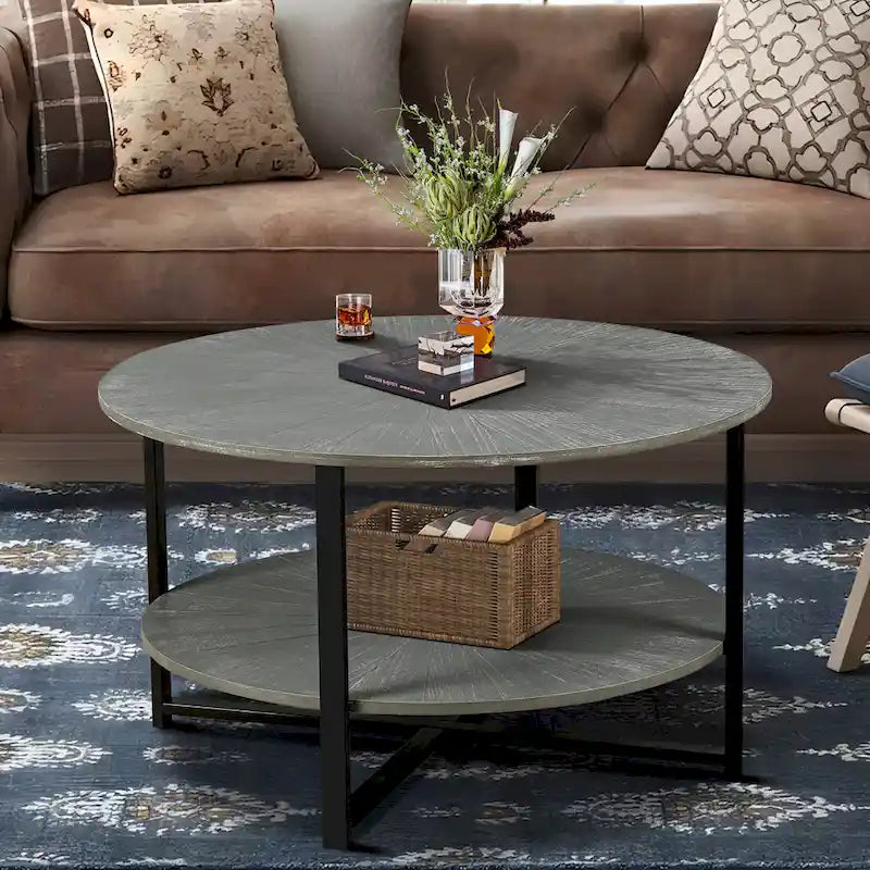 31.5 Farmhouse Round Coffee Table with 2-Tier Storage &amp; Metal Leg
