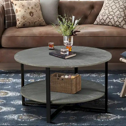 31.5 Farmhouse Round Coffee Table with 2-Tier Storage &amp; Metal Leg