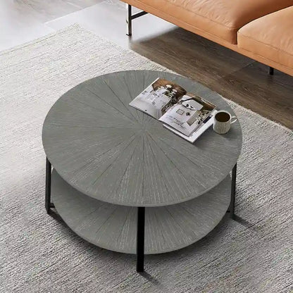 31.5 Farmhouse Round Coffee Table with 2-Tier Storage &amp; Metal Leg