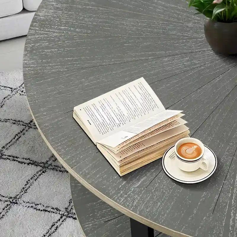 31.5 Farmhouse Round Coffee Table with 2-Tier Storage &amp; Metal Leg