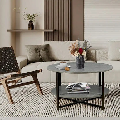 31.5 Farmhouse Round Coffee Table with 2-Tier Storage &amp; Metal Leg