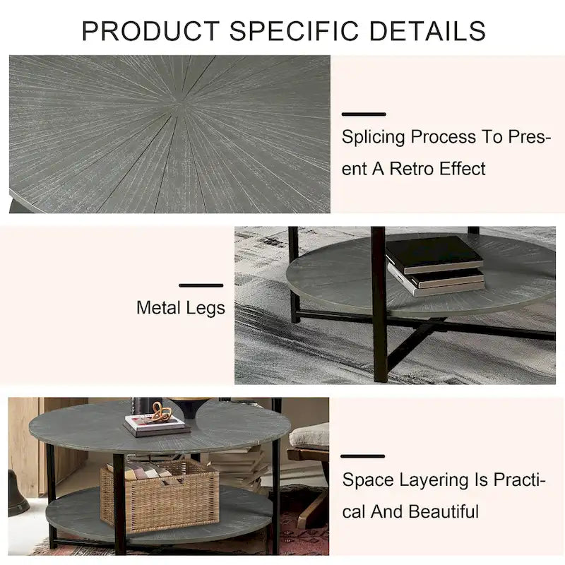 31.5 Farmhouse Round Coffee Table with 2-Tier Storage &amp; Metal Leg