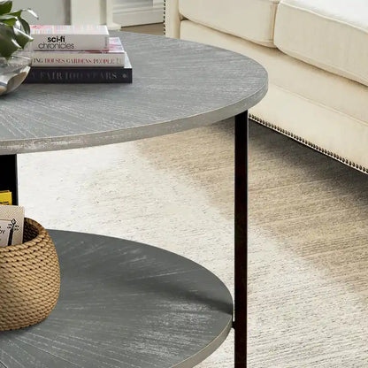 31.5 Farmhouse Round Coffee Table with 2-Tier Storage &amp; Metal Leg