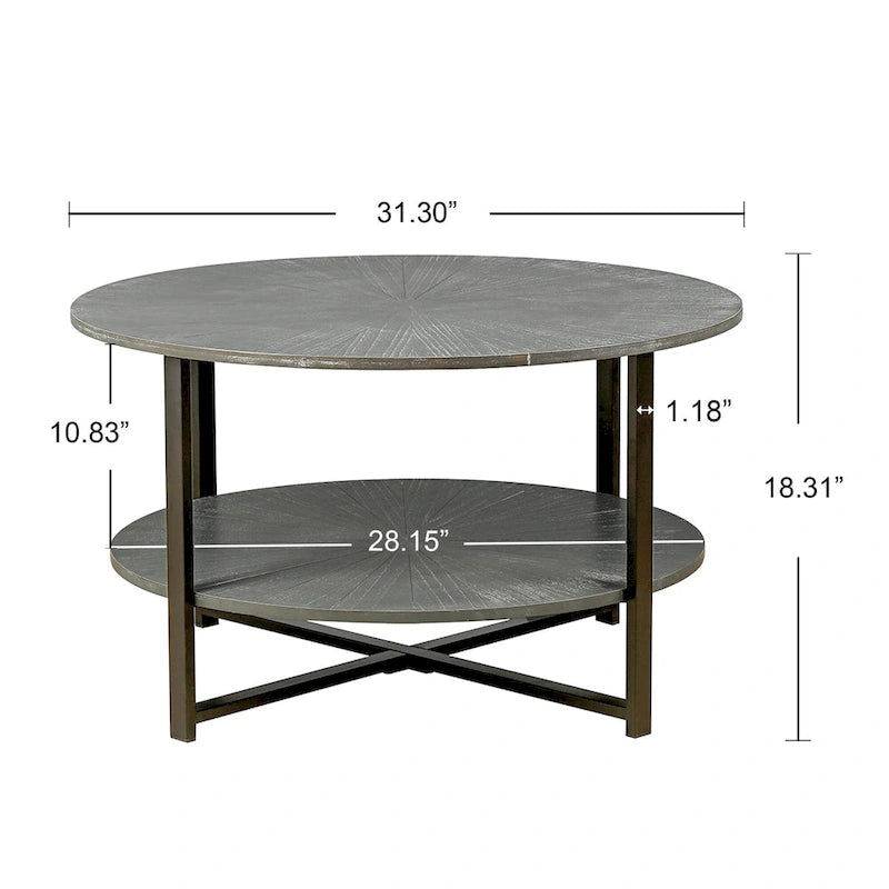 31.5 Farmhouse Round Coffee Table with 2-Tier Storage &amp; Metal Leg