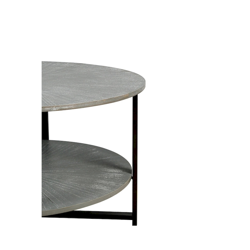 31.5 Farmhouse Round Coffee Table with 2-Tier Storage &amp; Metal Leg