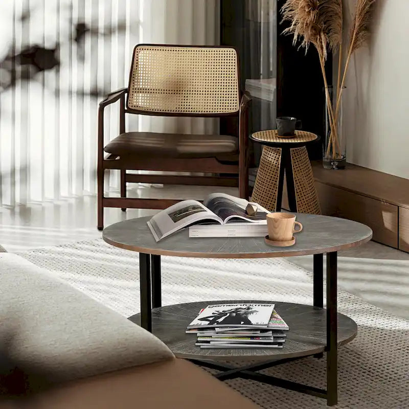 31.5 Farmhouse Round Coffee Table with 2-Tier Storage &amp; Metal Leg