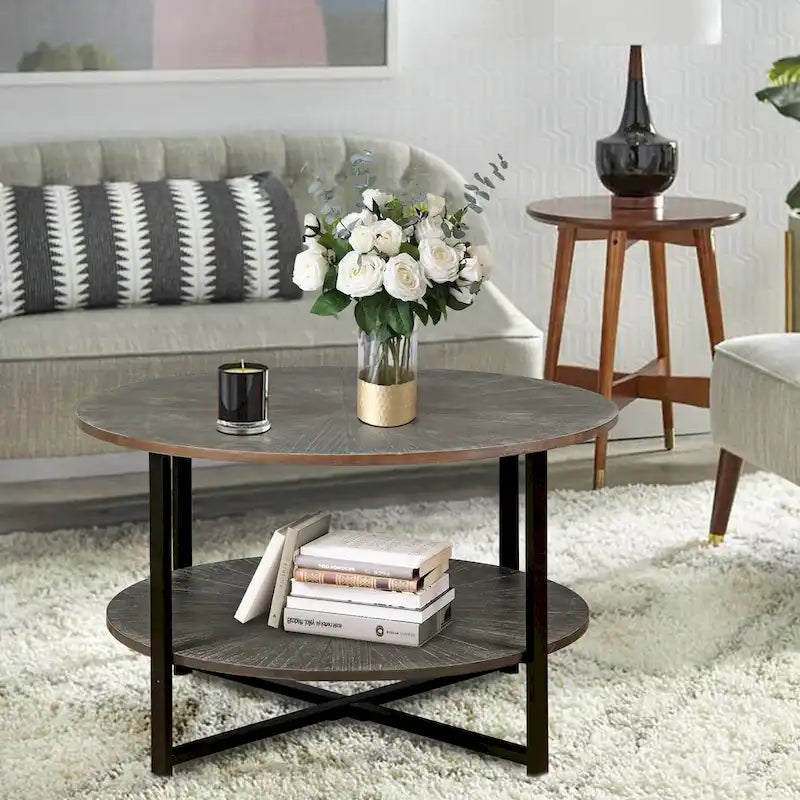 31.5 Farmhouse Round Coffee Table with 2-Tier Storage &amp; Metal Leg