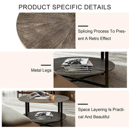 31.5 Farmhouse Round Coffee Table with 2-Tier Storage &amp; Metal Leg