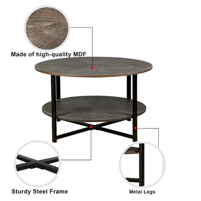 31.5 Farmhouse Round Coffee Table with 2-Tier Storage &amp; Metal Leg