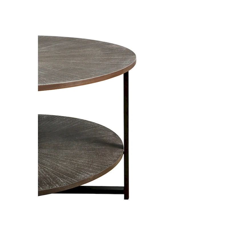 31.5 Farmhouse Round Coffee Table with 2-Tier Storage &amp; Metal Leg