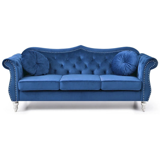 Velvet Tufted Chesterfield 3-Seater Sofa with Throw Pillows - 82 - Blue
