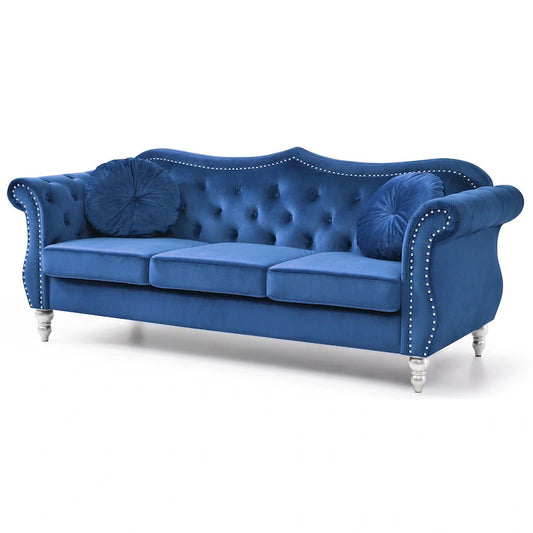 Velvet Tufted Chesterfield 3-Seater Sofa with Throw Pillows - 82 - Blue