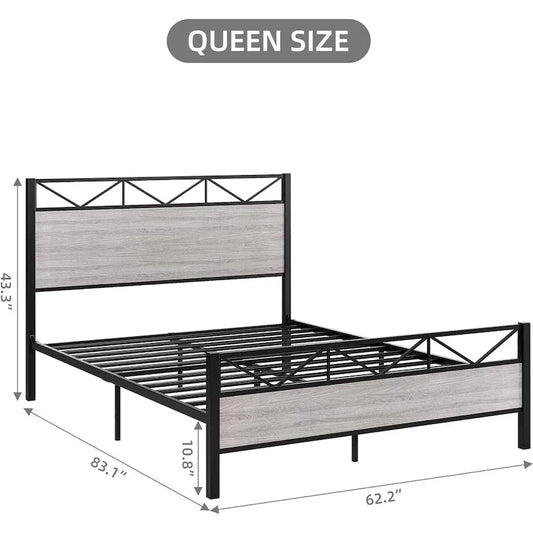 Bed Frame with Headboard, Industrial Platform Queen Bed Frame with 14 Strong Metal Slats Support