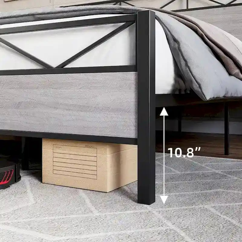 Bed Frame with Headboard, Industrial Platform Queen Bed Frame with 14 Strong Metal Slats Support