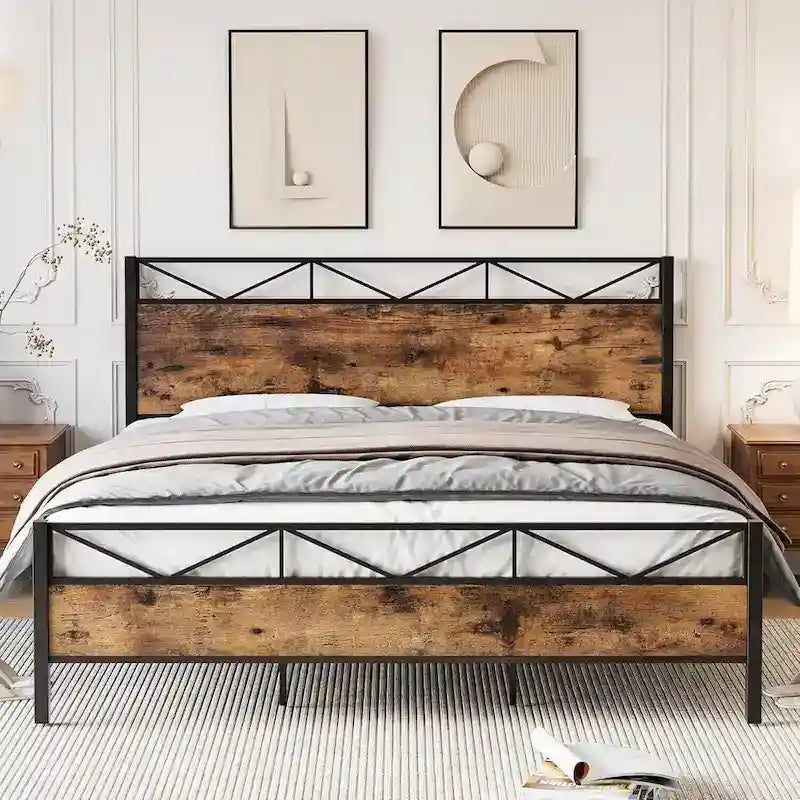 Bed Frame with Headboard, Industrial Platform Queen Bed Frame with 14 Strong Metal Slats Support