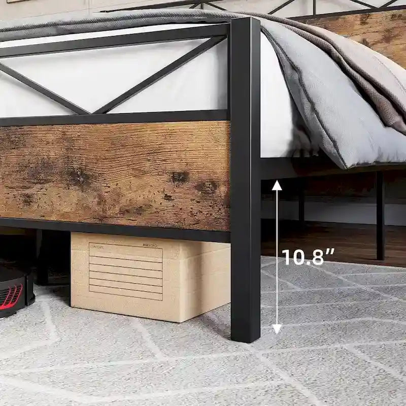 Bed Frame with Headboard, Industrial Platform Queen Bed Frame with 14 Strong Metal Slats Support