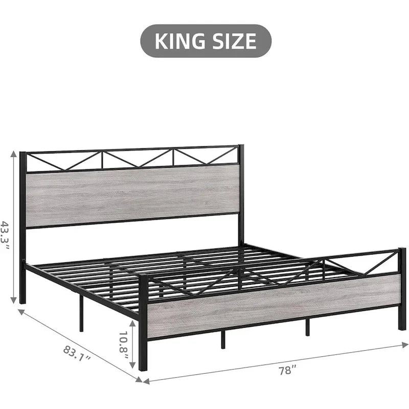 Bed Frame with Headboard, Industrial Platform Queen Bed Frame with 14 Strong Metal Slats Support