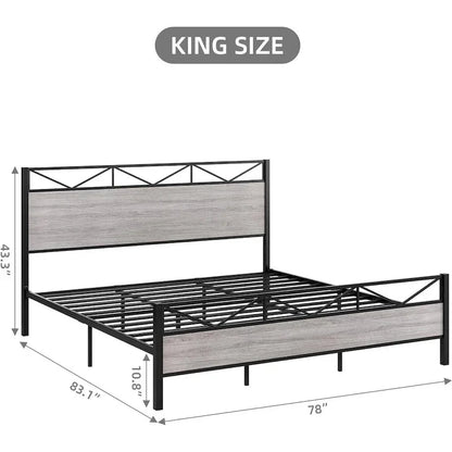 Bed Frame with Headboard, Industrial Platform Queen Bed Frame with 14 Strong Metal Slats Support