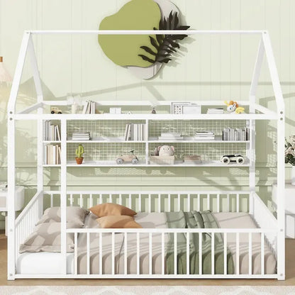 Metal House Bed Full Size Montessori Floor Bed with Fence