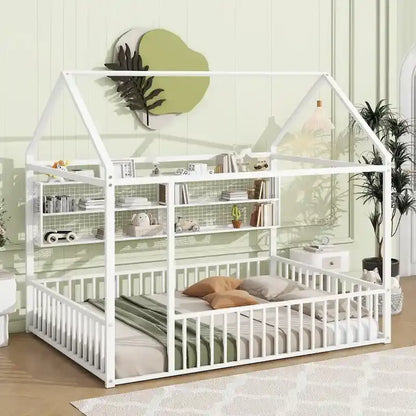 Metal House Bed Full Size Montessori Floor Bed with Fence