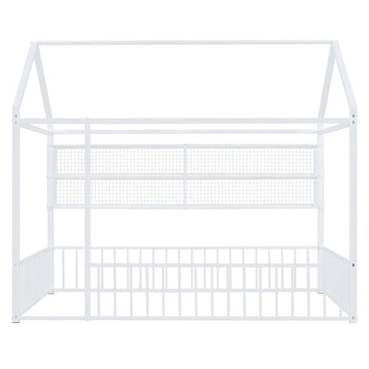 Metal House Bed Full Size Montessori Floor Bed with Fence