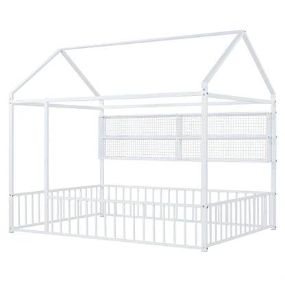 Metal House Bed Full Size Montessori Floor Bed with Fence