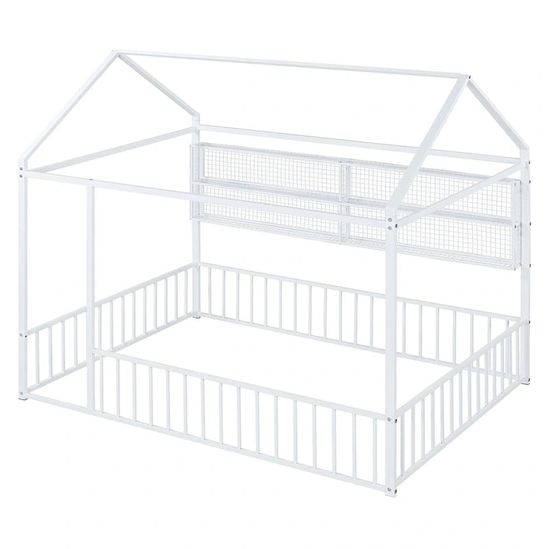 Metal House Bed Full Size Montessori Floor Bed with Fence