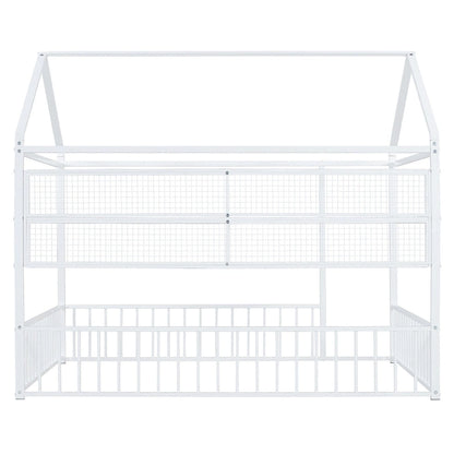Metal House Bed Full Size Montessori Floor Bed with Fence