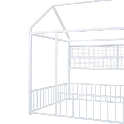Metal House Bed Full Size Montessori Floor Bed with Fence