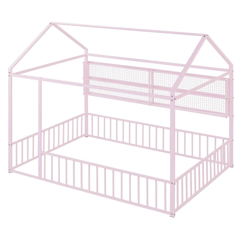 Metal House Bed Full Size Montessori Floor Bed with Fence