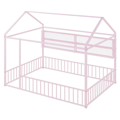 Metal House Bed Full Size Montessori Floor Bed with Fence