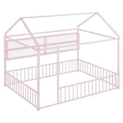 Metal House Bed Full Size Montessori Floor Bed with Fence