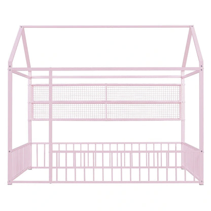 Metal House Bed Full Size Montessori Floor Bed with Fence