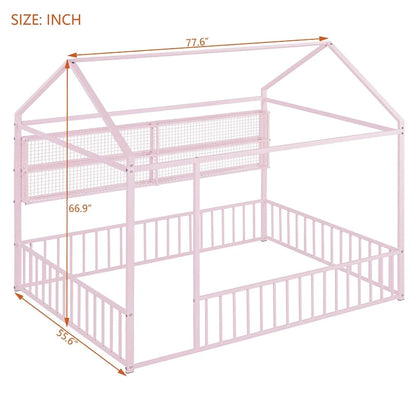 Metal House Bed Full Size Montessori Floor Bed with Fence