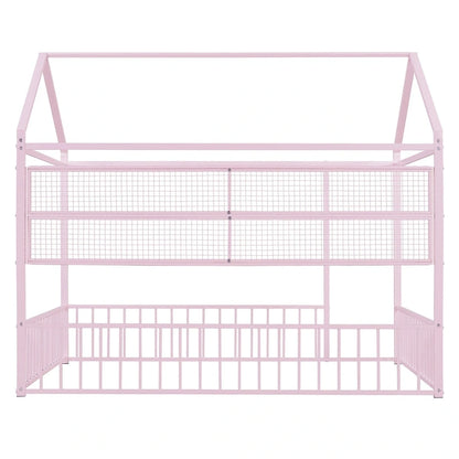 Metal House Bed Full Size Montessori Floor Bed with Fence