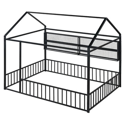 Metal House Bed Full Size Montessori Floor Bed with Fence