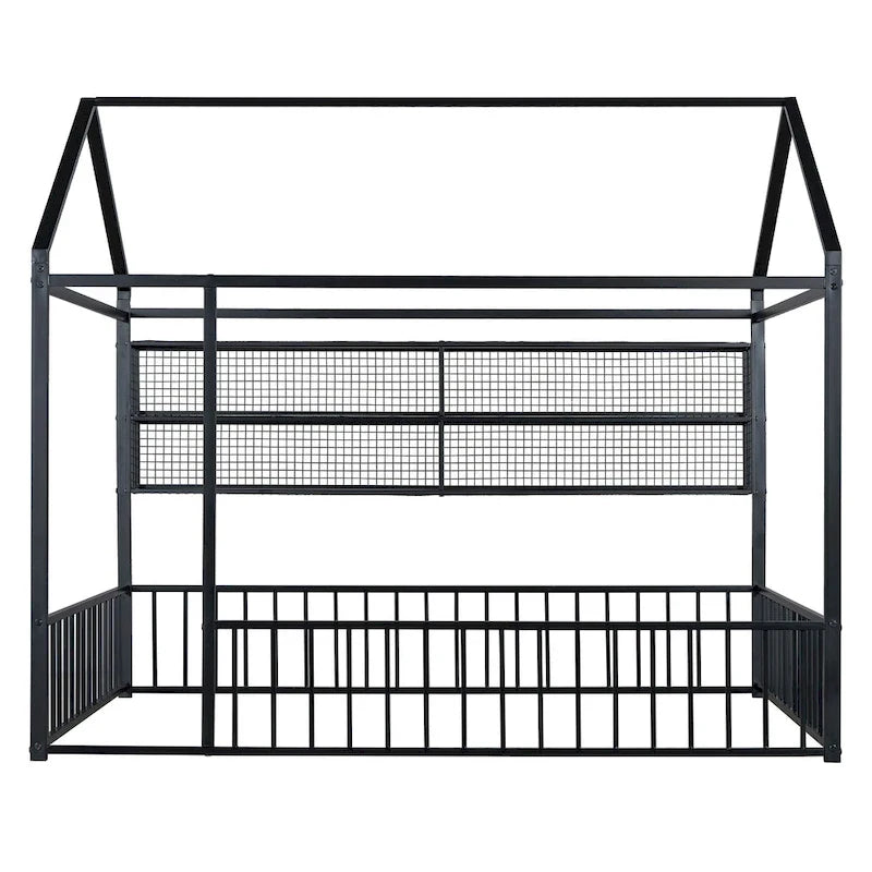 Metal House Bed Full Size Montessori Floor Bed with Fence