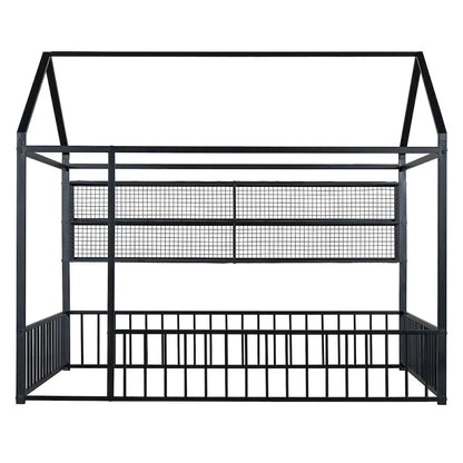 Metal House Bed Full Size Montessori Floor Bed with Fence