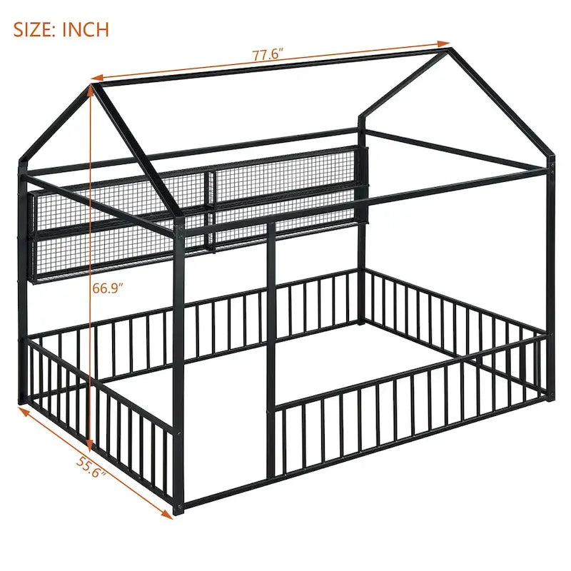 Metal House Bed Full Size Montessori Floor Bed with Fence