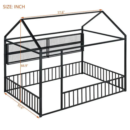 Metal House Bed Full Size Montessori Floor Bed with Fence